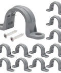 Heavy Duty Pvc Conduit Clamps For Half Inch Pipe - Pack Of 12 Rust Proof weather resistant clamps arranged with screws.