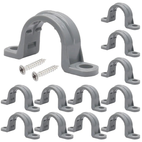 Heavy Duty Pvc Conduit Clamps For Half Inch Pipe - Pack Of 12 Rust Proof weather resistant clamps arranged with screws.