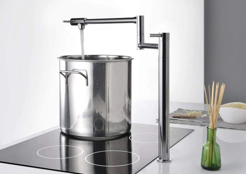 Deck Mount Pot Filler Faucet In Chrome Finish With Extension Shank And 20 Inch Dual Swing Joints Spout For Easy Kitchen Filling No Fuss Effort