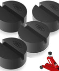 Floor Jack Pad And Universal Jack Stand Rubber Pinch Protector Car Adapter 4 Pack with black round rubber pads next to a red floor jack.