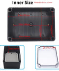 Dimensions and components of IP67 Waterproof ABS Black Junction Box Enclosure with Clear Cover and Mounting Plate for Outdoor Electronics.