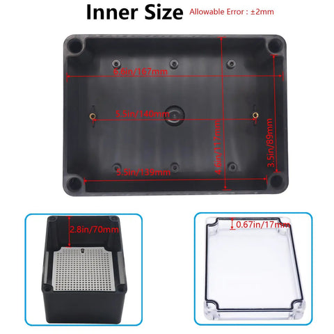 Dimensions and components of IP67 Waterproof ABS Black Junction Box Enclosure with Clear Cover and Mounting Plate for Outdoor Electronics.