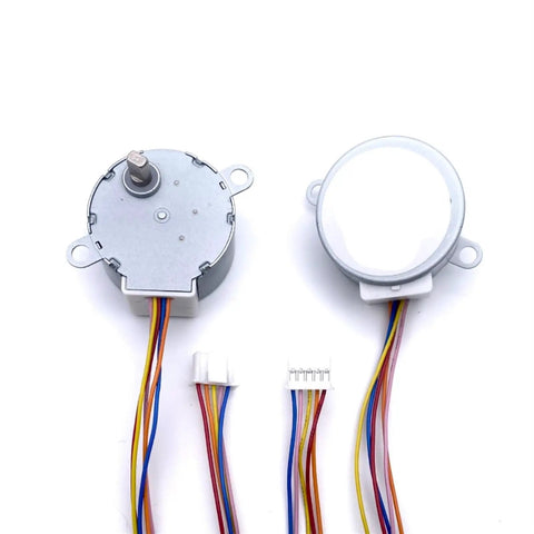 35BYJ46 Small DC Stepper Motor With Gearbox 5V 12V 24V Permanent Magnet, two motors viewed from above with multiple colored wires.