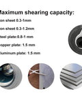 Maximum shearing capacity of Electric Drill Plate Cutter Attachment for sheet metal nibbling and plate cutting shown with material samples.