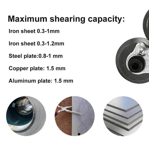 Maximum shearing capacity of Electric Drill Plate Cutter Attachment for sheet metal nibbling and plate cutting shown with material samples.