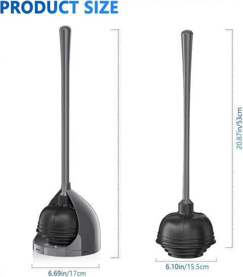 Toilet Plunger With Holder All Angle Design Built Tough For Bathroom Universal 4 Tier Rubber Suction Cup Fits Most Toilet Drains Up To 5.5 Inches Black, showing dimensions.
