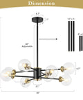 Dimensions and design of 8 Light Sputnik Chandelier Pendant Light With 4.7 Inch Clear Glass Globe Shades For Flat Or Sloped Ceilings Height Adjustable Modern Fixture For Kitchen Island Living Room Dining Room And Bedroom Black
