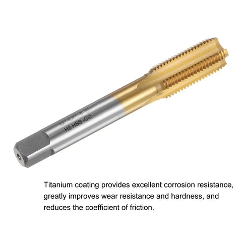 Close-up of a Left Hand M14 X 1.5 Titanium Coated Tapping Tool For Through Holes, showing 4 Flute M35 Cobalt HSS