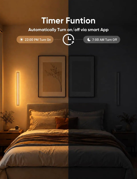 APPECK LED Wall Light 1 Pack, 15.8 Inch Plug in Wall Sconce RGBCW, Dimmable with timer function in a cozy bedroom setting.