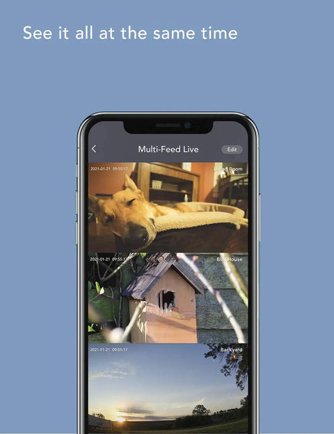 Outdoor Security Camera 1080P For Your Home Weatherproof IP66 on smartphone showing multiple live feeds