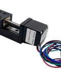 2 Inch Stroke Mini Linear Rail Stage Actuator Beefy For DIY CNC Router X Y Z Motion 50mm Travel 24VDC 0 To 10mm Per Sec Speed 0.5A 1.8 Degree Step T6x1 Screw High Precision Supports Up To 2.5kg Horizontal Load And 1kg Vertical, front view with wires