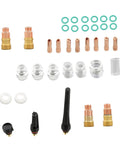 Complete TIG Welding Torch Kit For WP 17 18 26 Torches With Gas Lens And Glass Cups, 36 Piece Set components overview