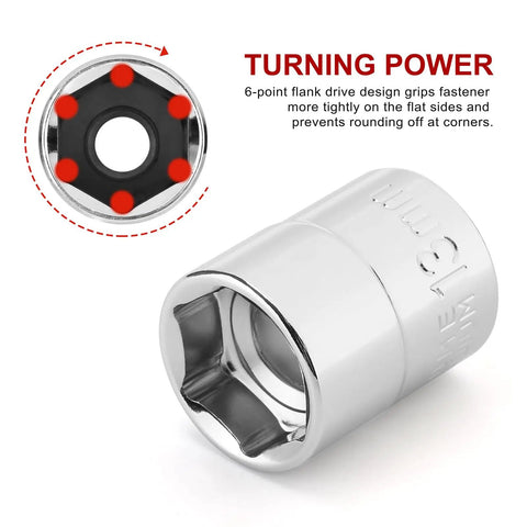 Three Eighths Inch Drive Stubby Socket Set, 14 Piece Six Point Metric Sockets With Mirror Chrome Finish, detail of socket design