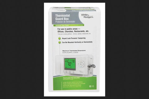 G10 Universal Locking Thermostat Guard With Key, Clear Plastic Cover on packaging, showing product usage and dimensions.