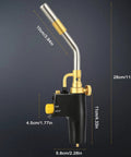 Propane Torch Head With High Intensity Trigger Start And Self Ignition Adjustable Flame And Flame Lock For Welding Brazing Culinary And Ice Melting Pro Grade Mapp Gas Compatible, shown with measurements and black and gold design