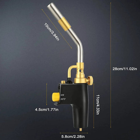 Propane Torch Head With High Intensity Trigger Start And Self Ignition Adjustable Flame And Flame Lock For Welding Brazing Culinary And Ice Melting Pro Grade Mapp Gas Compatible, shown with measurements and black and gold design