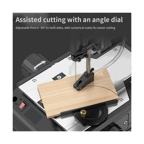 Powerful Desktop Scroll Saw For Snappy Wood Cuts With Dust Free Design And High Speed Motor Built Tough For weekend projects showing angle dial.