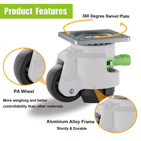 Rock Solid Built Tough Leveling Caster Wheels Set Of 4 Featuring 2200 Lbs Load Capacity Premium Nylon Rollers And Reinforced Steel Base showing 360 degree swivel plate and PA wheels.