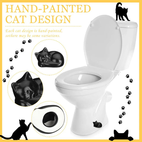 Two Cat Shaped Toilet Bolt Caps Ceramic Screw Covers For Bathroom Decor, 2 Pack Black, shown on a toilet.