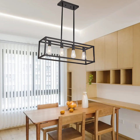 Farmhouse Rectangle Chandelier For Dining Room And Kitchen Island, Modern Linear Hanging Light Fixture, Matte Black 4 Light Industrial Pendant Lighting With Adjustable Rods For Custom Height And Easy Install above wooden table in kitchen