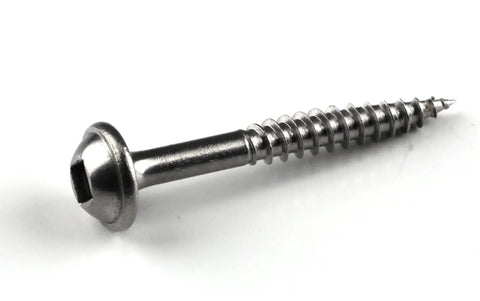 Close-up of Stainless Steel Pocket Hole Screws No 7 Fine Thread Maxi-Loc Head One And A Quarter Inch Square Drive Wood Fasteners
