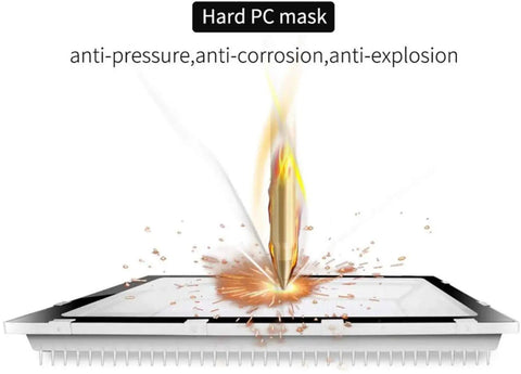 Hard PC mask demonstrating anti-pressure, anti-corrosion, and anti-explosion properties under impact.