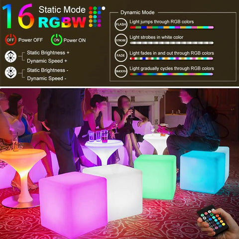 15 Inch RGB LED Cube Light With Remote Color Changing Cubes For Seating Tables Nightstands Lit Mood Lighting Waterproof Glow Furniture For Home Garden Parties And More used as seats in a party setting with remote control options shown.