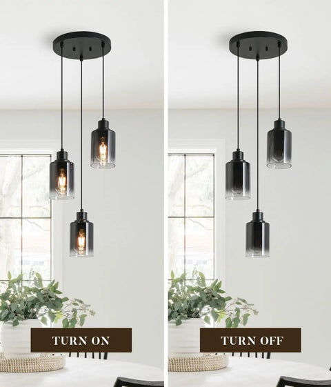 Three Pack Black Pendant Lights With Adjustable Height In Industrial Modern Style for kitchen island, on and off view.