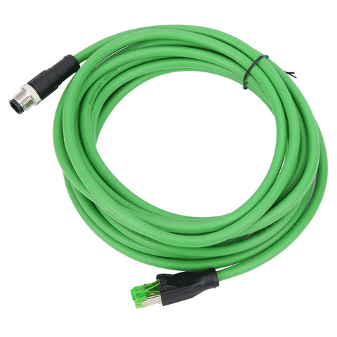 Industrial Cat6 RJ45 Ethernet Patch Cord 5m IP67 Tough 24 AWG Cable for Factory Automation and Control Cabinets High Speed Data Link for Machinery and Industrial Equipment Rugged Built For The Shop Floor Industrial Grade Performance, green coiled cable with RJ45 and sealed connector