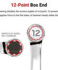 Close-up of 12-point box end of Forty Millimeter Combination Wrench With Angled Open End At 15 Degrees And 12-Point Box End