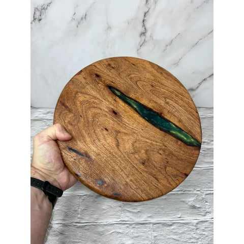 12 Inch Mesquite Wood Lazy Susan With Green Accent Go To Round Kitchen Turntable Rotating Tray For Pantry Cabinet Storage