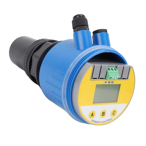 Ultrasonic Water Level Sensor With LCD Display, 4-20mA Output, DC24V, 0-10m Range, Blue Housing displayed at an angle
