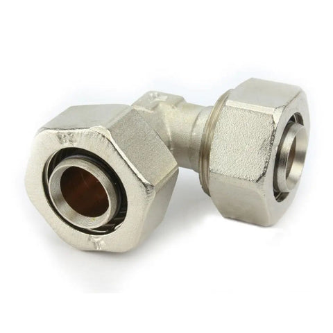 Close-up of Elbow Fitting For Three Quarter Inch Tubing Three Pack, Nickel Plated Brass, Double O Ring Compression, angled view
