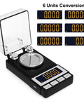 Ultra Precise Milligram Scale 50g 0.001g With 2X 20g Calibration Weights, Reloading Scale For Jewelry And Gold Powder, High Precision MG Scale With Large LCD Display, Battery Included, Great For Tiny Measurements. Display showing 6 unit modes.