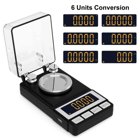 Ultra Precise Milligram Scale 50g 0.001g With 2X 20g Calibration Weights, Reloading Scale For Jewelry And Gold Powder, High Precision MG Scale With Large LCD Display, Battery Included, Great For Tiny Measurements. Display showing 6 unit modes.