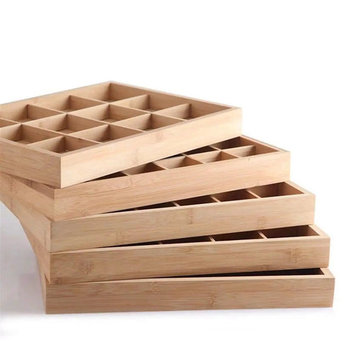 Natural Bamboo And Wood Jewelry Tray Pretty Slick Display Plate For Rings Necklaces And Bracelets Solid Build Smooth Surface Easy Wipe, stacked angle view.