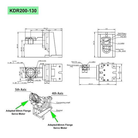 KDR200-130 technical drawing of Rock Solid Heavy Duty Hollow Rotary Actuator With Five Axis Rotating Platform dimensions and motor flanges.