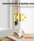 Game Changer Self Closing Soft Close Cabinet Hinges, 3/8 Inch Inset Brushed Gold Finish, 60 Pack showing self-closing mechanism and door bumpers.