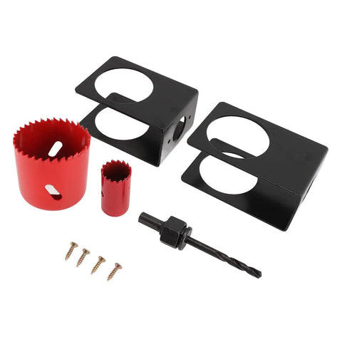 Top Tier Door Entry Lock Installation Kit With Precision Guide Template And Hole Saw Tools Fits 1 3/8 To 1 3/4 Inch Wood Doors For Mess Free Cutouts Every Time, black and red drill kit with templates, saws, arbor, and screws