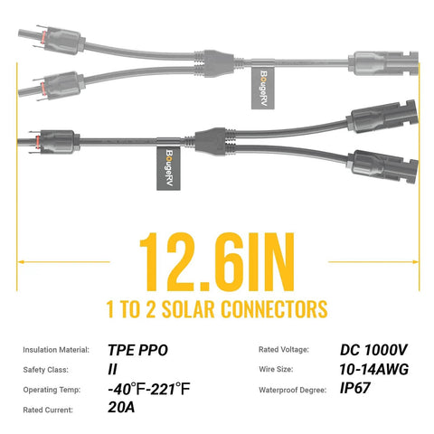 Y Branch Solar Connector Kit For Parallel Panels M FF And F MM Adapters 20A DC1000V with specifications and length 12.6in