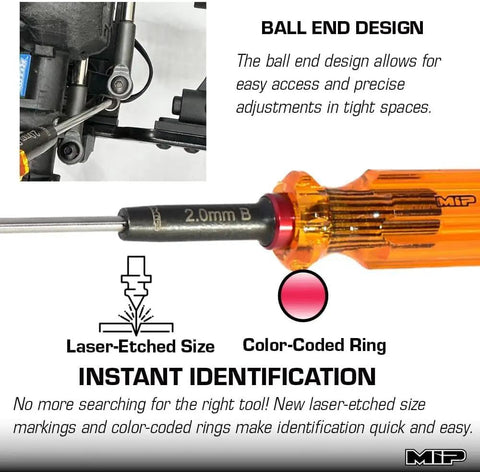 Gen 2 Amber Handle Metric Ball End Hex Screwdriver 2.0mm for RC, showing tip design, laser-etched size, amber handle, color-coded ring
