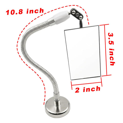 360 Degree Swivel Inspection Mirror With Adjustable Head And Telescoping Reach For Mechanics And Auto Pros Great For Tight Spots And Blind Corners In The Garage, displaying a flexible arm and rectangular mirror with measurements.