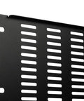Close-up of 4U Slotted Flanged Blanking Panel For 19 Inch Server Racks And Cabinets, heavy-duty steel with black finish, corner view.