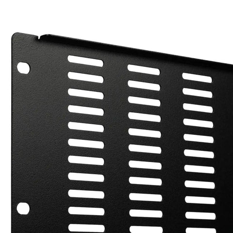 Close-up of 4U Slotted Flanged Blanking Panel For 19 Inch Server Racks And Cabinets, heavy-duty steel with black finish, corner view.