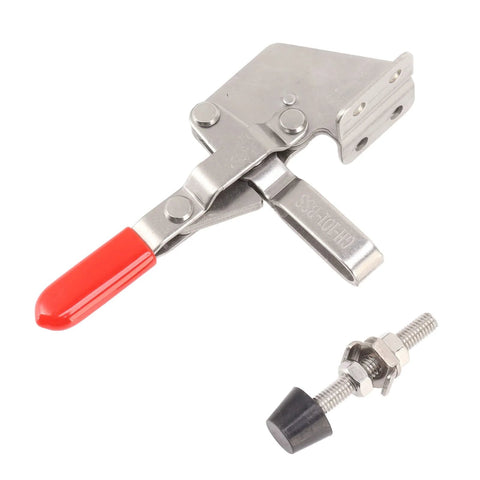 Toggle Clamp Heavy Duty 220Lbs Holding Capacity With Anti Slip Rubber Tip, red handle, and stainless steel body.