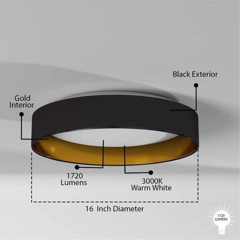 Maserlo 16 Inch Flush Mount LED Ceiling Light Fixture Dimmable For Living Room Bedroom Hallway in black gold, sleek circle design
