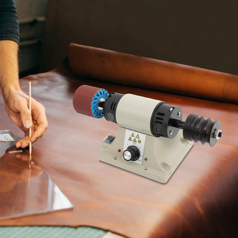 Heavy Duty 350W Electric Leather Edge Polisher Built Tough For Real Pros With Adjustable Speed And Six Multi Grit Sanding Belts, focused on leather crafting.
