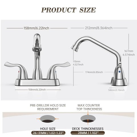 Brushed Nickel Utility Sink And Laundry Faucet For Home Use, 4 Inch Center Set, 360 Rotating Swivel Spout Size Diagram