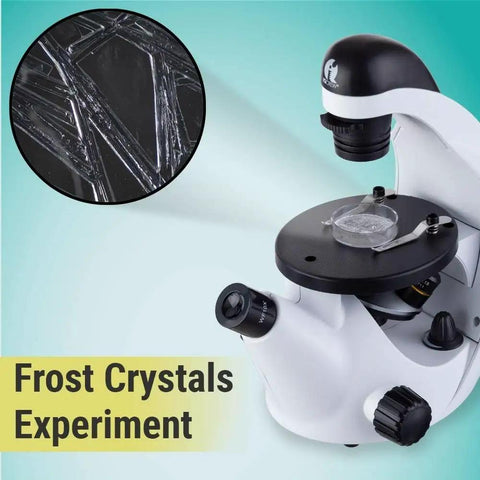 Inverted Compound Microscope For Kids And Students, 40X To 200X Magnification, showing frost crystals experiment setup.