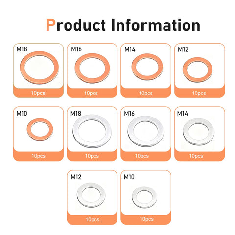 100 Piece Oil Drain Plug Gasket Set With Copper Crush Washers And Aluminum Washers, size variations M10-M18, organized display